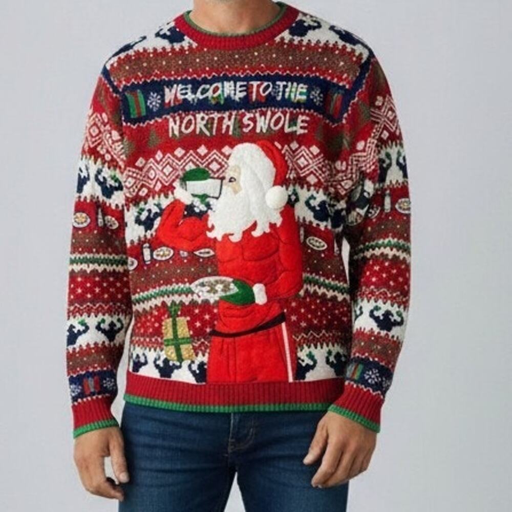 Blizzard Bay Ugly Christmas Sweater Buff Santa Men's Size L NWT